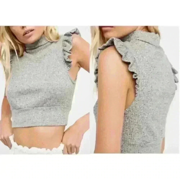 Free People The Betsey Crop Grey Ribbed Butterfly Sleeve Crop Top, XS - Picture 1 of 15